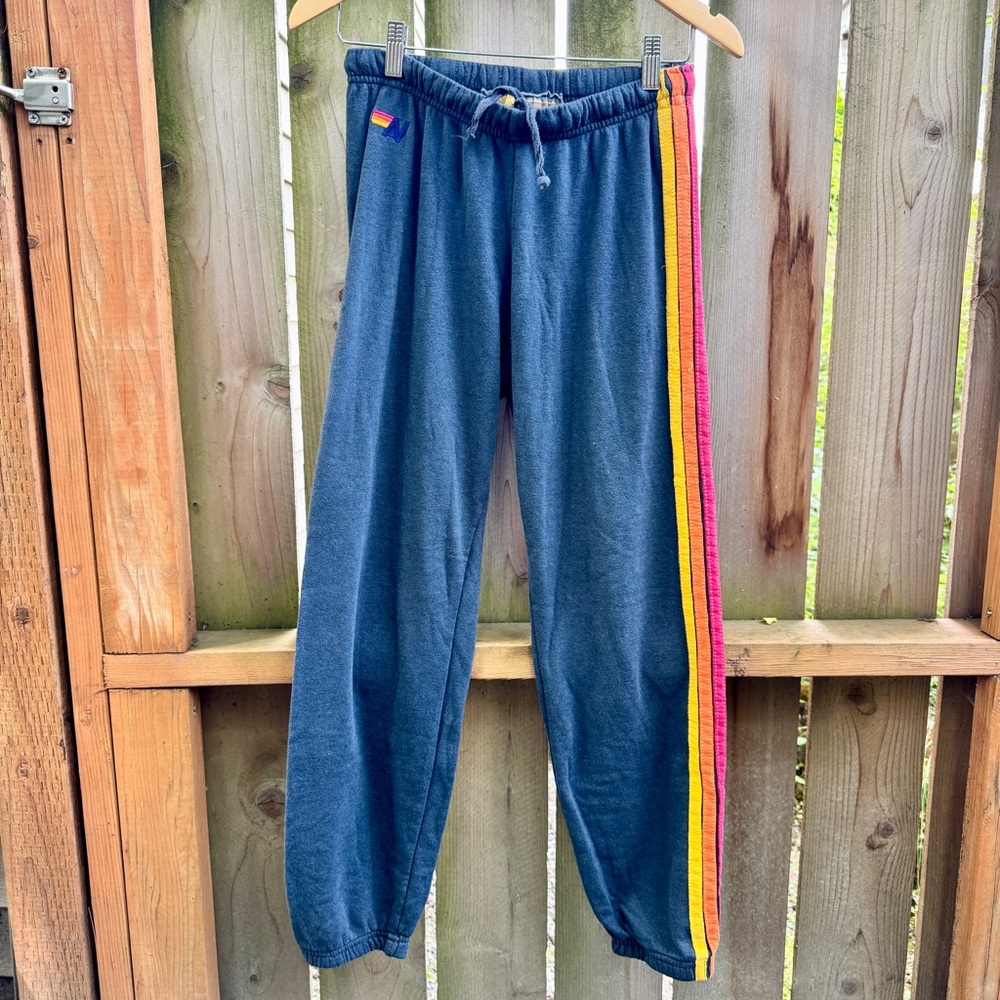 Aviator Nation 5 Stripe Sweatpant Navy with Rainbow Side Stripes Medium
